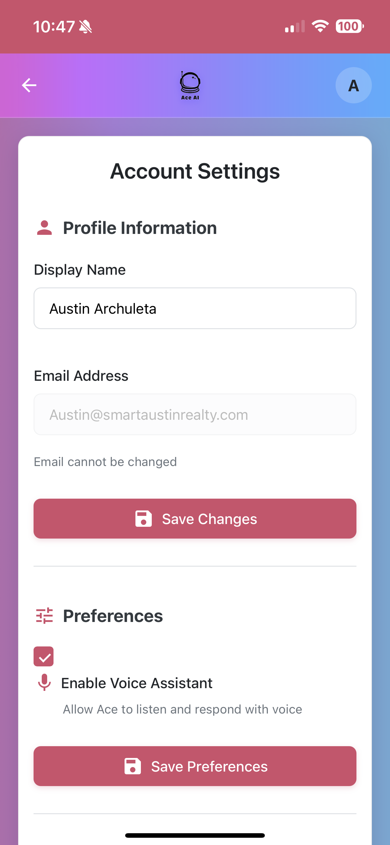 Mobile Settings Screenshot